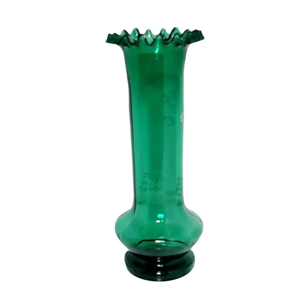 Moser Bohemian Czech Hand Blown Glass Hand Painted Green Enamel Ruffled Vase 10”